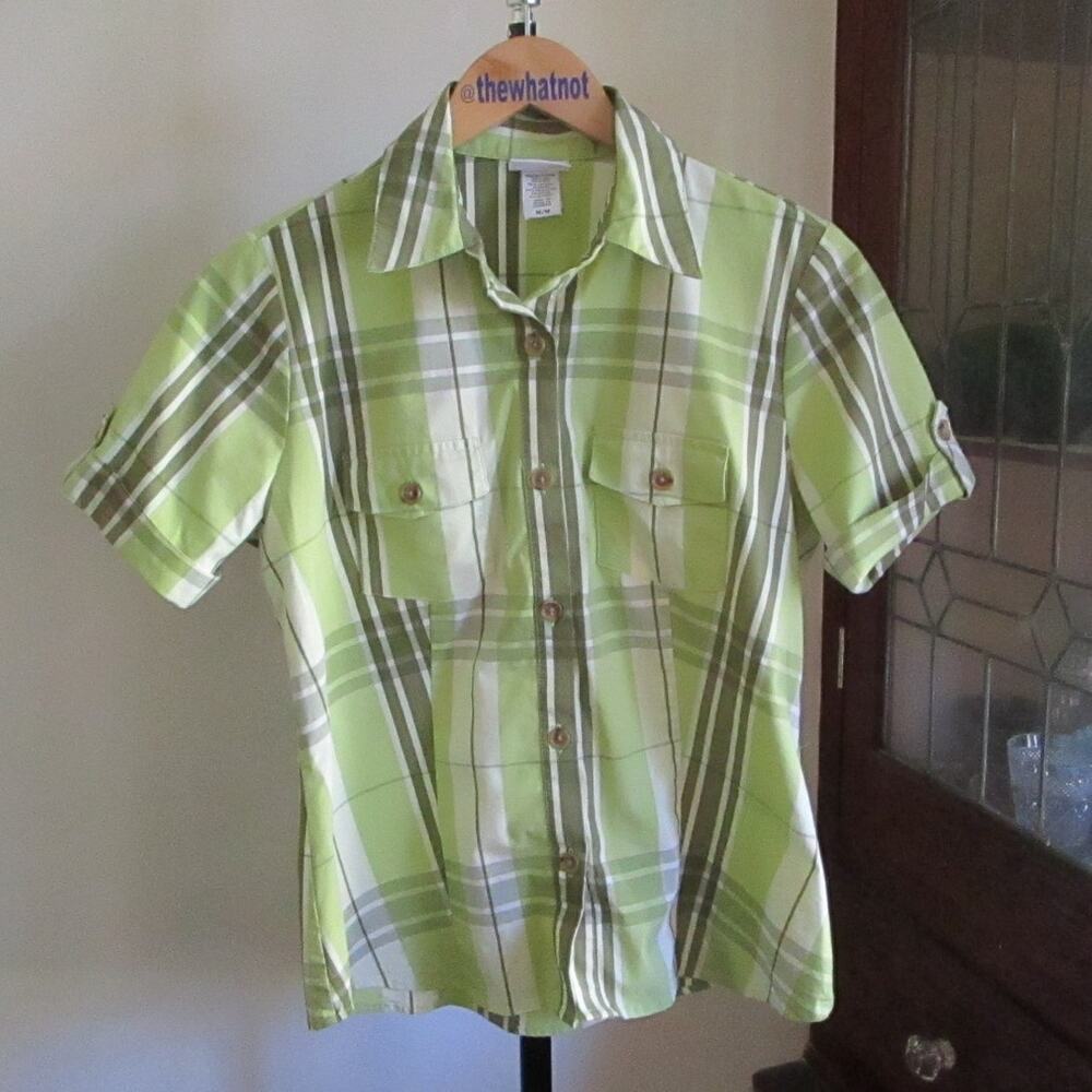 Vintage Jaclyn Smith Button Up Shirt M Green Plaid Short Sleeves Casual Prep 90s - Picture 9 of 17